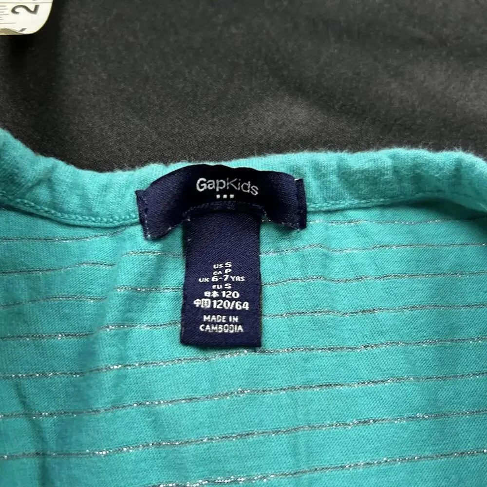 Gap Kids Girls Teal & Silver Striped Long Sleeve Shirt Size S Half Button-Up Top